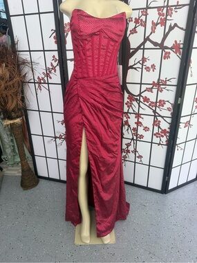 Strapless Red Polka-Dot Evening Gown with Front Slit